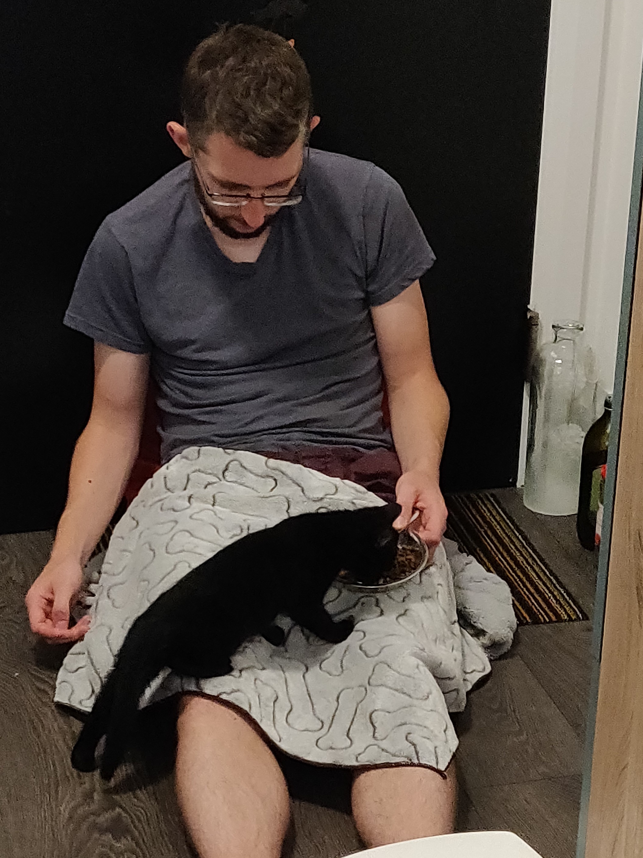 a black kitten eating off my lap